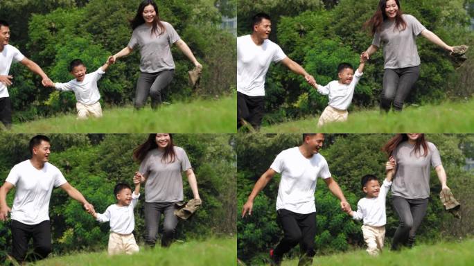 一家三口开心家庭在户外公园玩耍牵手跑步
