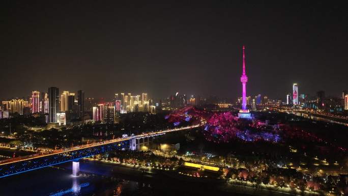 武汉长江大桥龟山电视塔夜景航拍