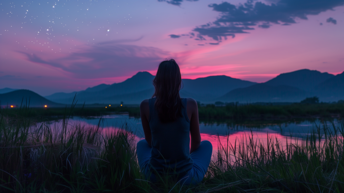 女孩在浪漫的星空下等待日出