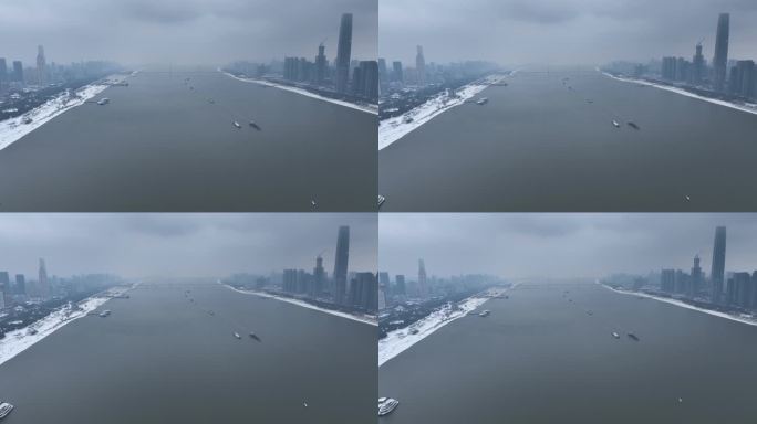 4K航拍武汉长江江滩雪景