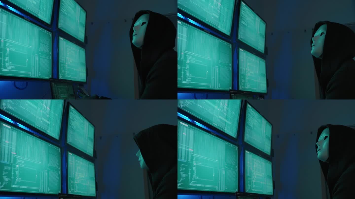 一名黑客程序员穿着连帽衫，戴着黑色黑客面具隐藏自己的身份，利用电脑进行黑客攻击，这是黑暗互联网的概念