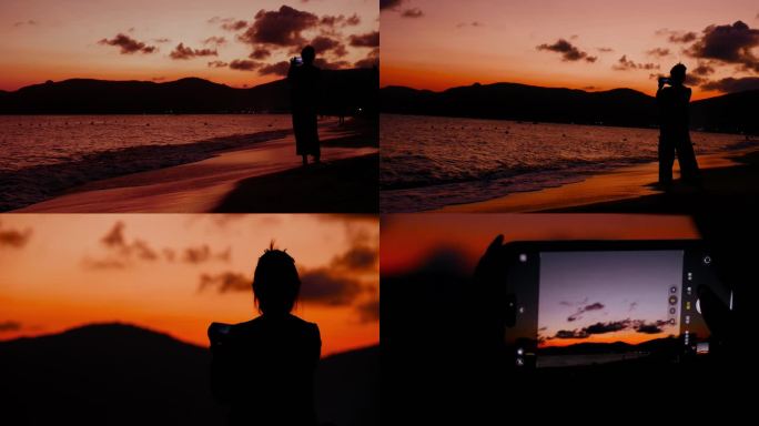 海边夕阳女子拍照
