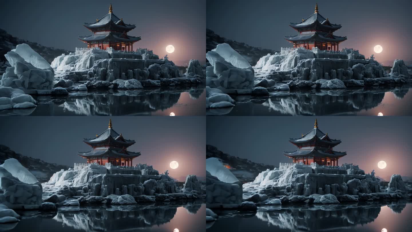 古风建筑夜晚月亮氛围意境视频背景素材4