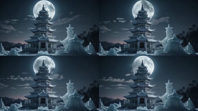 古风建筑夜晚月亮氛围意境视频背景素材8