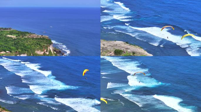 海岛阳光沙滩悬崖海岸滑翔伞航拍