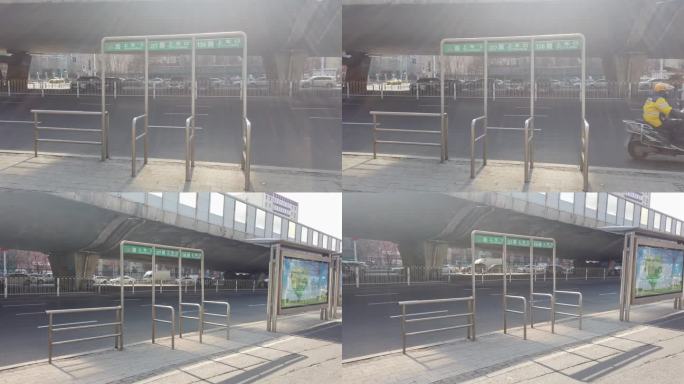 沈阳公交车站台、乘客候车护栏、公交站空镜