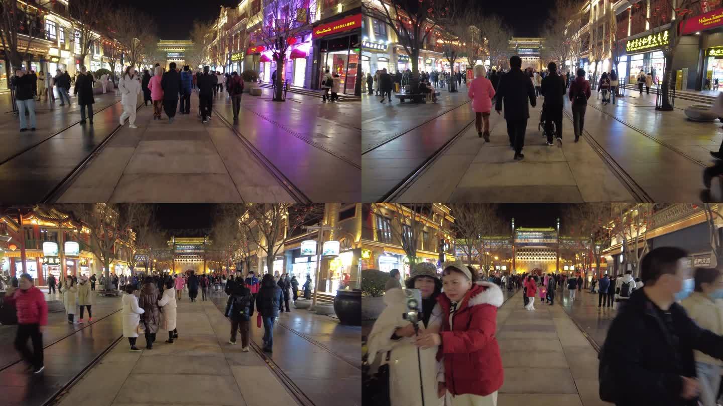 北京过年前门喜庆春节人流穿梭灯光秀延时