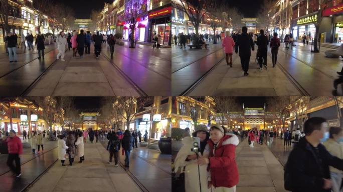 北京过年前门喜庆春节人流穿梭灯光秀延时