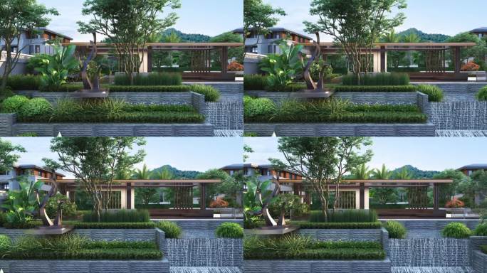 新中式小区园林水景动画素材