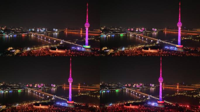 武汉长江大桥龟山电视塔夜景航拍
