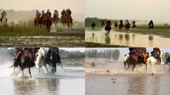 成群结队的骑马手沙地湖泊河流草原飞奔比赛