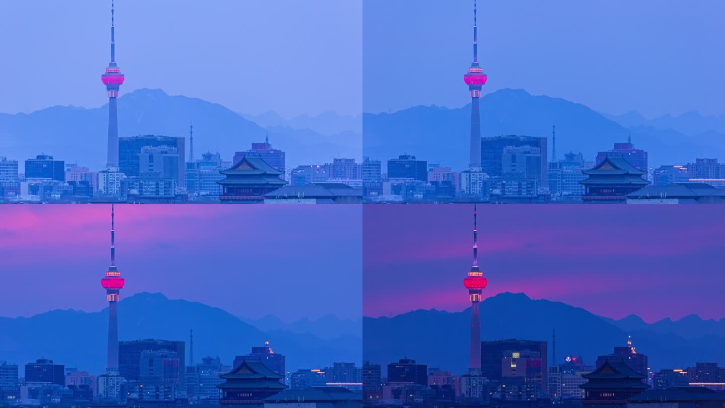 北京的中央电视塔和鼓楼日转夜延时