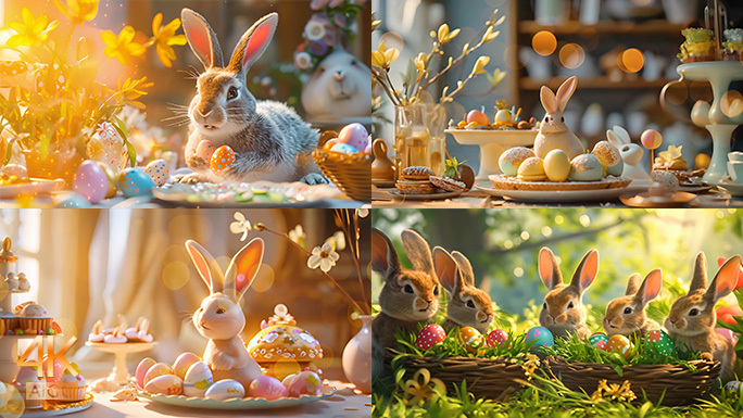 复活节彩蛋与兔子合集 庆祝复活节卡通动画