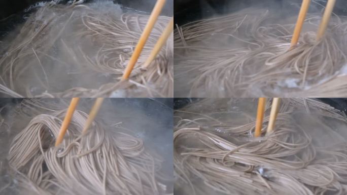 热水煮荞麦面条的超慢动作特写