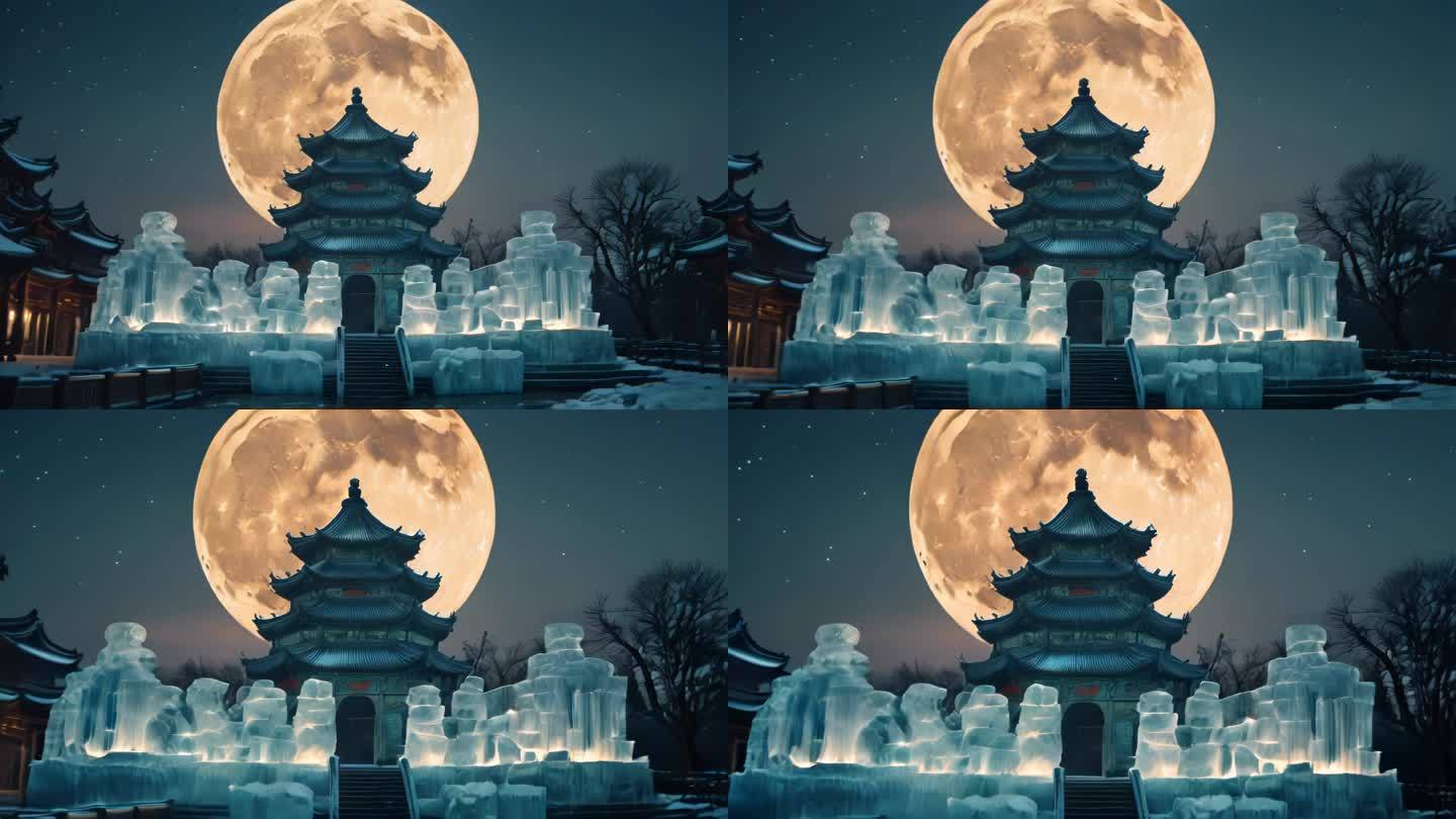 古风建筑夜晚月亮氛围意境视频背景素材11