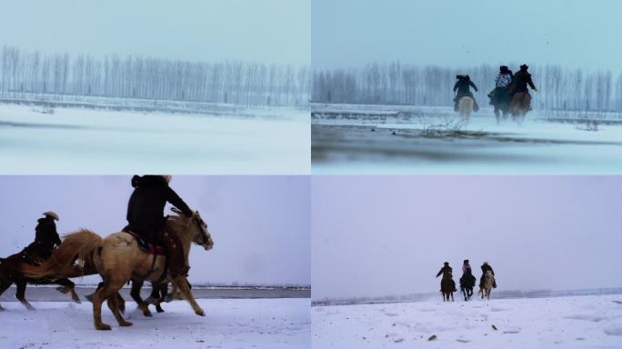 雪山东北雪地骑马赛马奔马骏马飞奔快马扬鞭