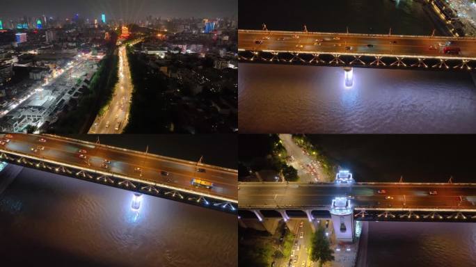 湖北武汉长江大桥夜晚夜景航拍车流交通城市