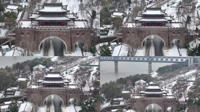 武汉航拍雪景古建筑铁门关晴川阁长江大桥
