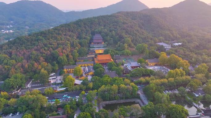 杭州西湖区净慈禅寺航拍唯美大自然风光群山