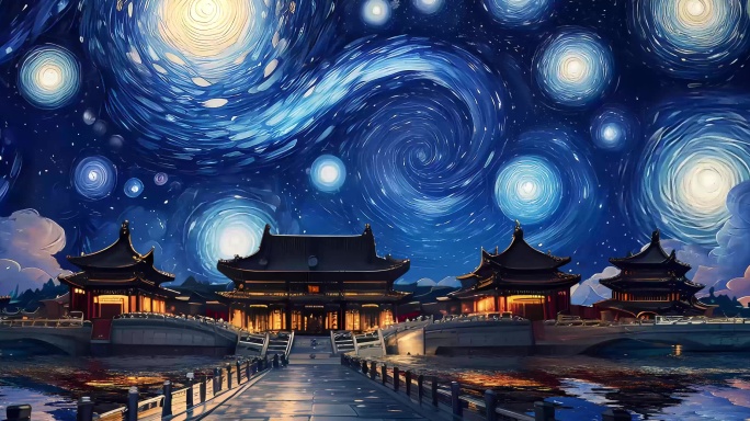 原创8K国潮梵高星空油画循环插画