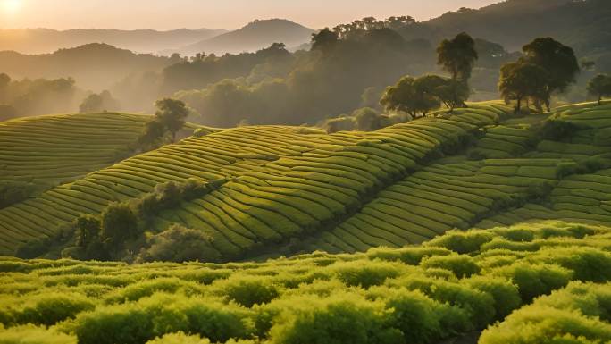 唯美茶园清晨云雾茶山日出春茶明前茶高山茶