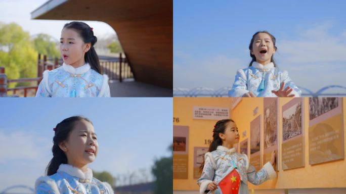 小女孩手拿小国旗黄河岸边唱歌美丽村庄