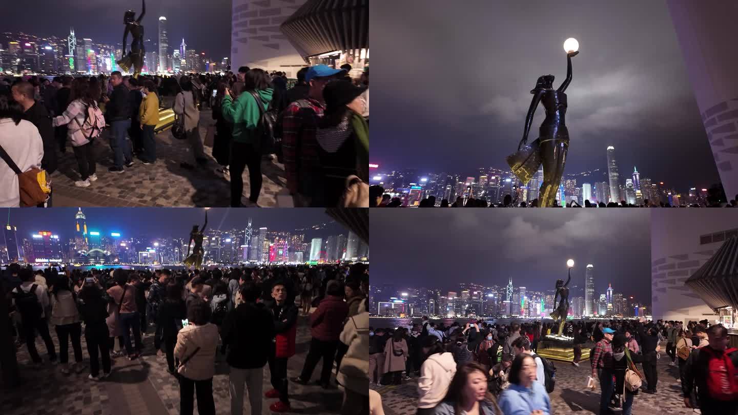 维多利亚港夜景 香港电影女神铜像