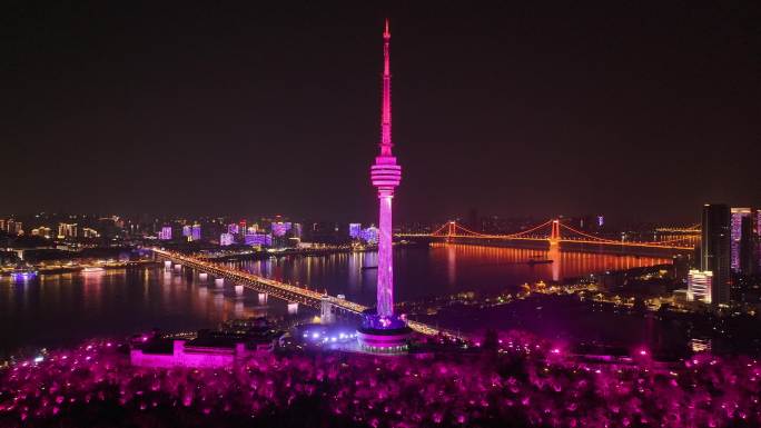 武汉长江大桥龟山电视塔夜景航拍