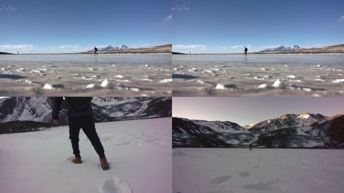 一个人脚步孤单的走在冰面雪地里