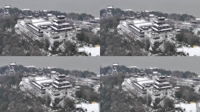 武汉航拍雪景古建筑铁门关晴川阁长江大桥