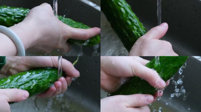 水流下清洗绿色黄瓜蔬菜的特写