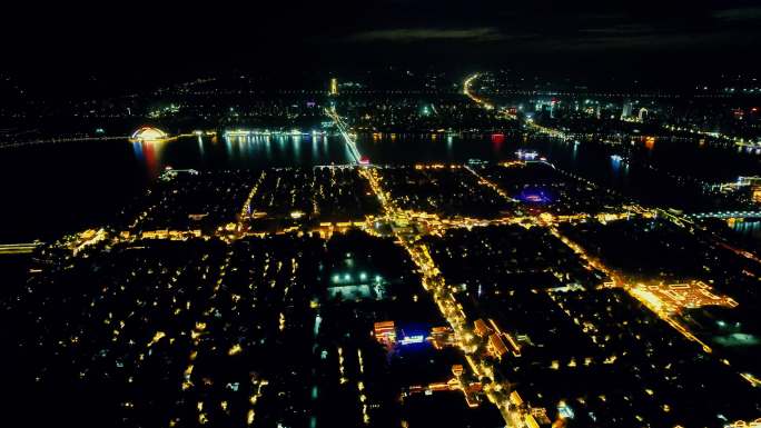 山东聊城水上古城全景夜景航拍