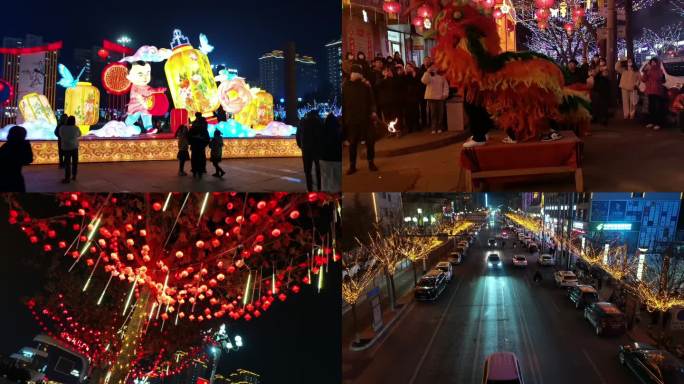 春节城市夜景舞狮灯笼