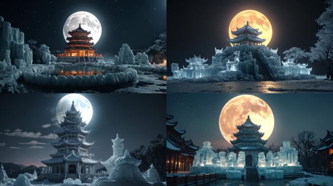 古风建筑夜晚月亮氛围意境视频背景素材合集