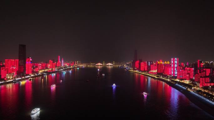 武汉长江两岸灯光秀夜景航拍