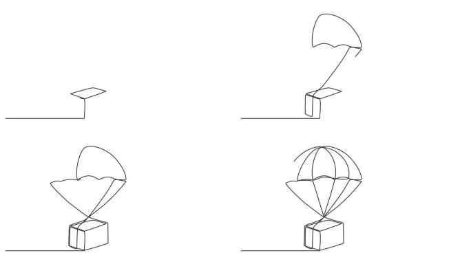 连续的一行动画。手绘动画动画元素的降落伞与纸板从空中跳下来。网上购物理念，交货快捷。4 k的视频