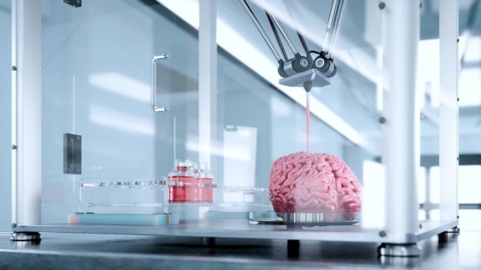 人类大脑的3d生物打印。使用打印机打印人体器官的未来概念。循环3d渲染动画。