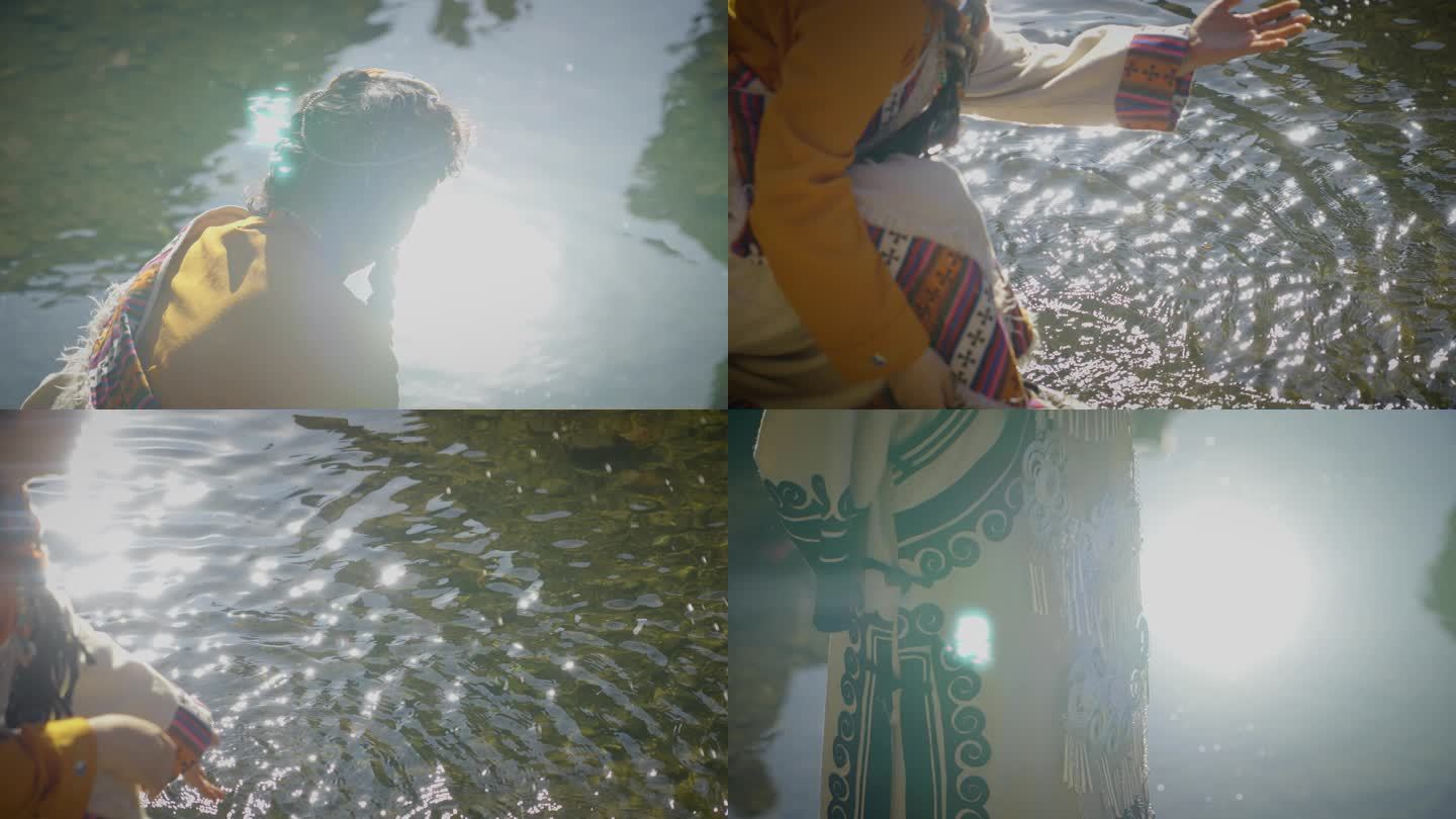 少数民族少女溪边戏水视频素材