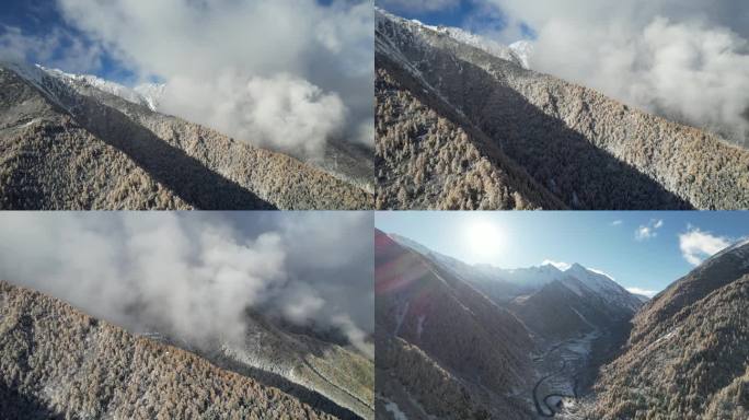 航拍秋天早晨雪后云雾缭绕的四姑娘山