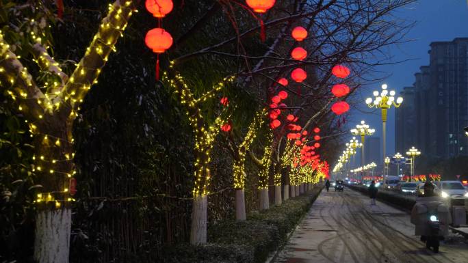 过年氛围雪夜树上挂的红灯笼