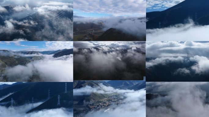 云海中的高压电线输电线云中的高压电线