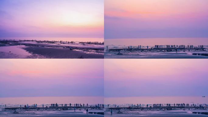 涠洲岛海滩沙滩清晨黎明拾贝壳看日出延时
