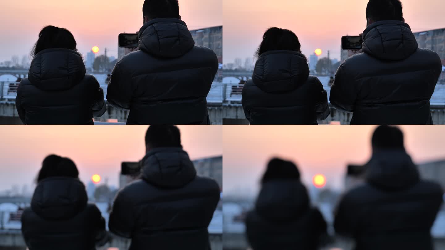 冬季看夕阳的情侣