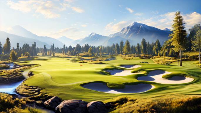 高山下巨大的高尔夫球场有河流和森林包围