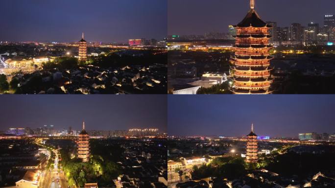 苏州北寺塔夜景航拍