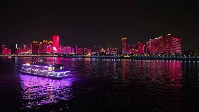 武汉长江游船夜景航拍