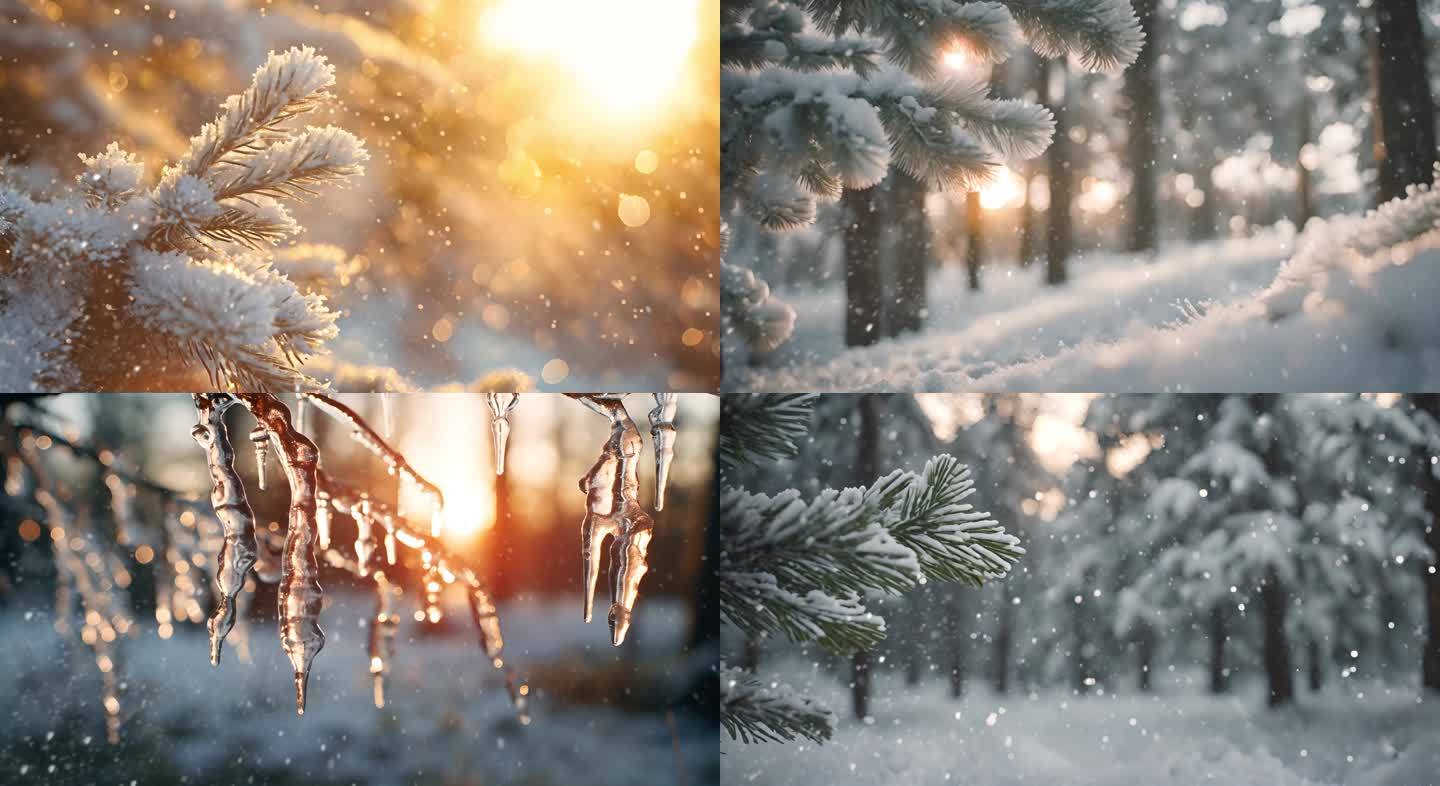 冬日下雪阳光 雪景雾凇 冬日森林景色