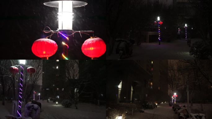 下雪啦风雪中的红灯笼春节过年雪中下班归来