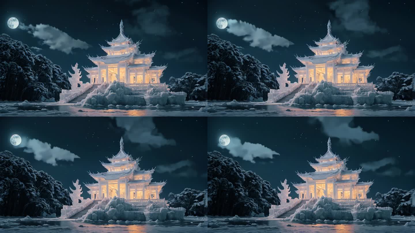 古风建筑夜晚月亮氛围意境视频背景素材9