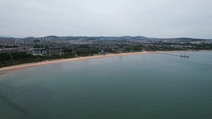 山东蓬莱第一浴场大海海洋沙滩航拍、